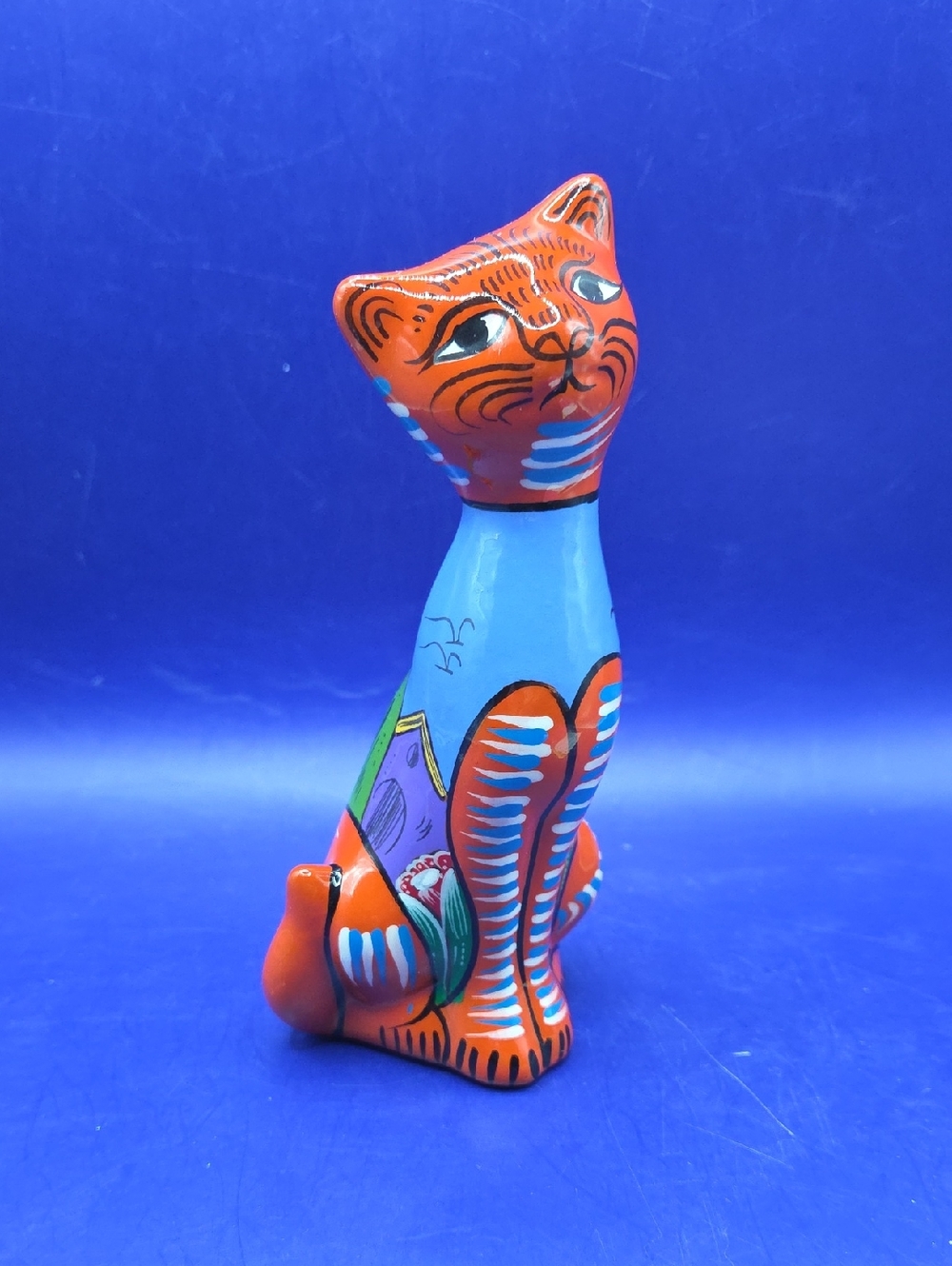 Talavera Mexican Hand-Painted Orange & Blue Decorative Cat Figurine